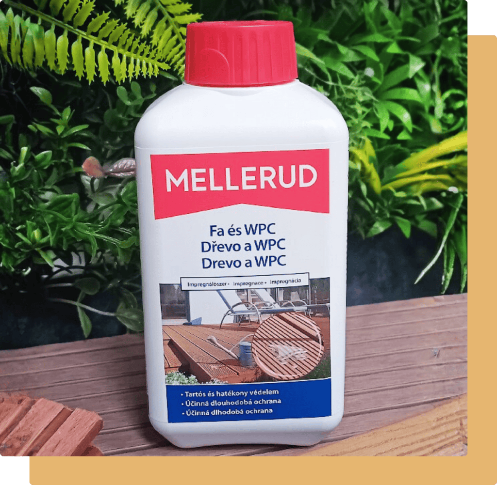 Mellerud WPC impregnálószer, speciális védelem a WPC teraszok és kerítések felületének megőrzéséhez